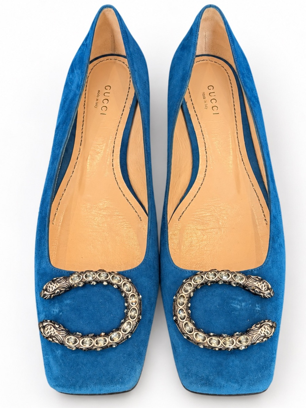 Gucci Dionysus Blue Suede Square-Toe Flats w Crystal-Embellished Horsebit ballet